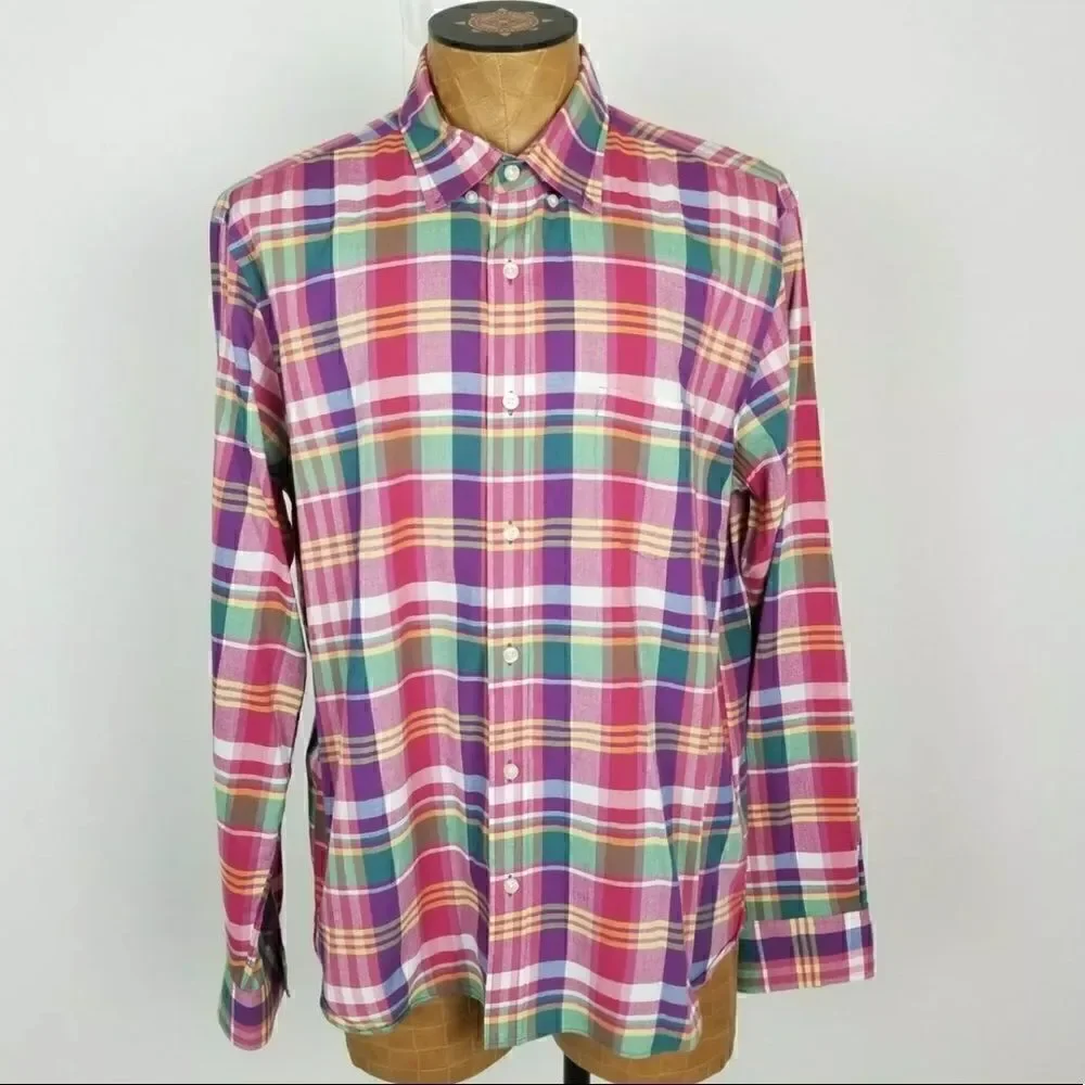 J. Crew Size XL Slim Fit Summer Plaid Button Down Shirt Pink Purple Green Blue